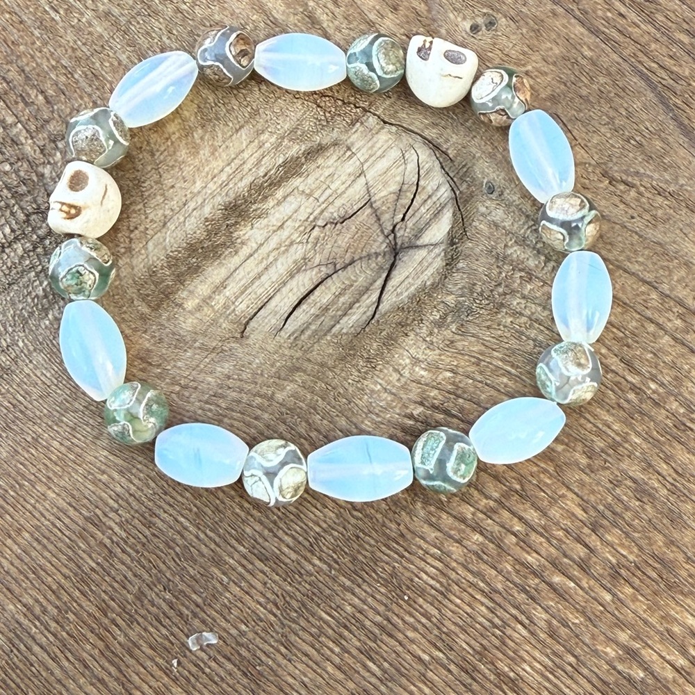 Skull Beaded Bracelet with opalite beads and Green Accents